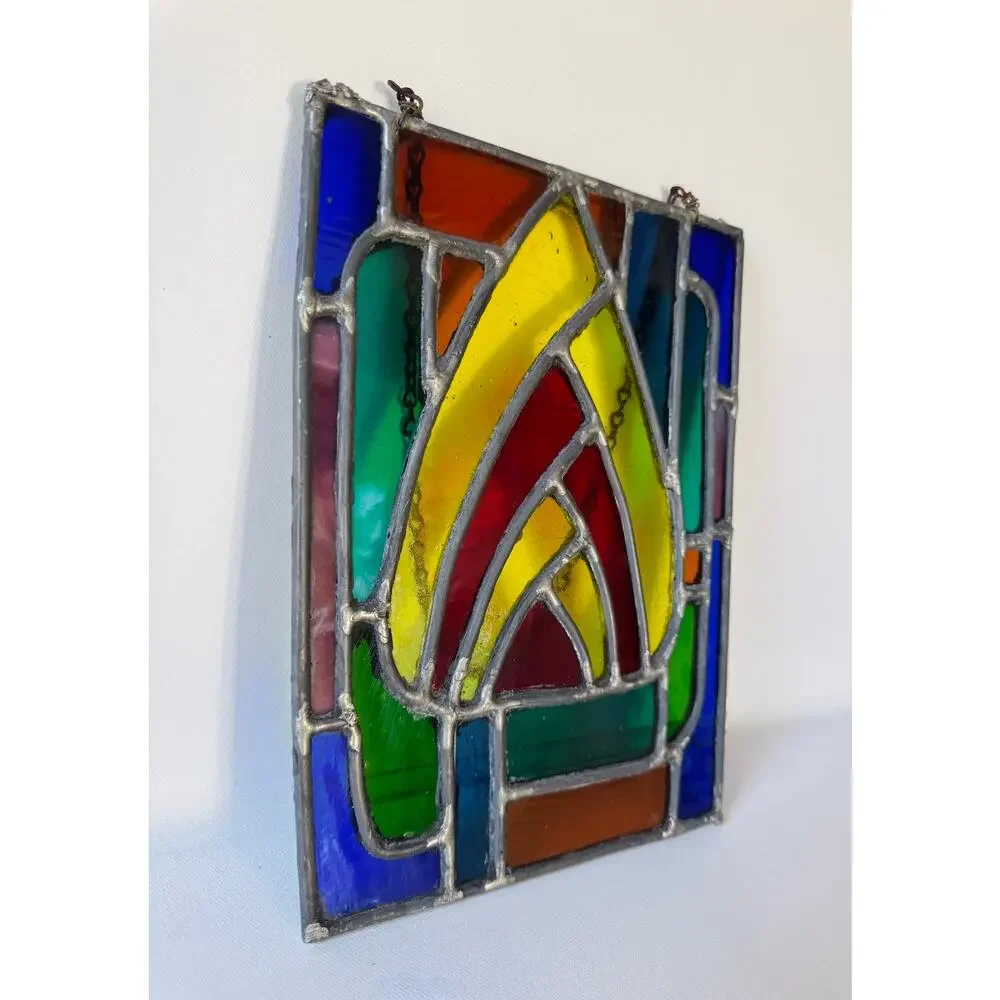 Vintage Leaded Stained Glass Window Panel Art Deco Style Geometric Hanging